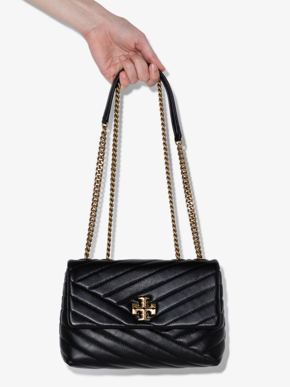 TORY BURCH Small Chevron Quilted Leather Shoulder Bag with Chain Strap and Gold-Tone Accents