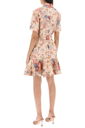 ZIMMERMANN Floral Mini Shirt Dress with Adjustable Belt in Linen