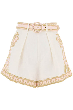 ZIMMERMANN Embroidered Linen Shorts with Belt and Flared Silhouette