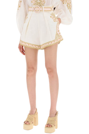 ZIMMERMANN Embroidered Linen Shorts with Belt and Flared Silhouette