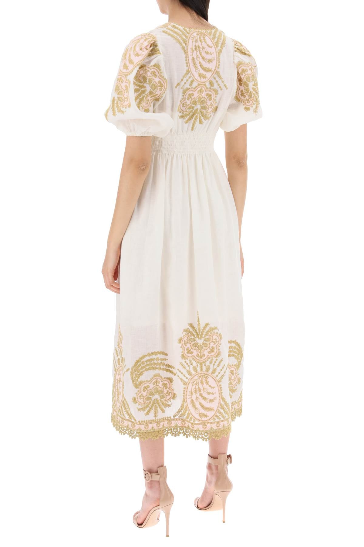 ZIMMERMANN Waverly White Linen Embroidered Midi Dress