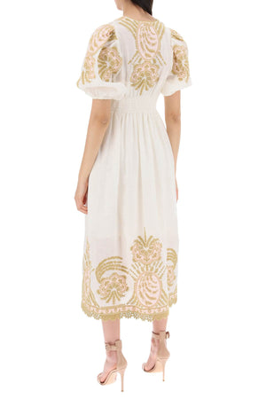 ZIMMERMANN Waverly White Linen Embroidered Midi Dress