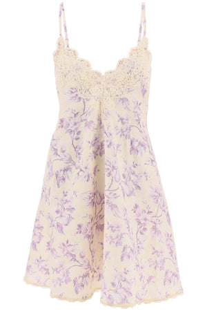 ZIMMERMANN Floral Print Mini Linen Dress with Lace Trim in Cream Yellow