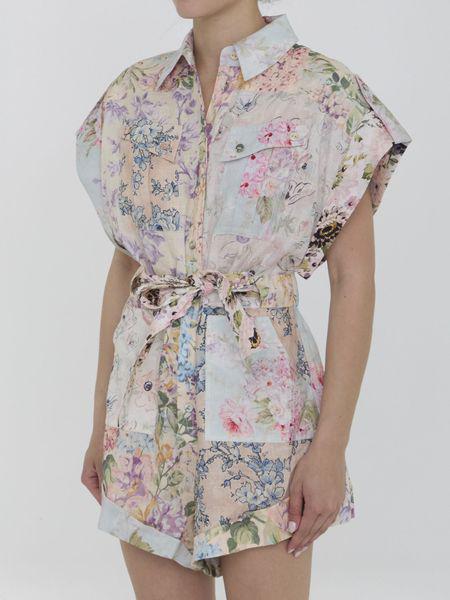 ZIMMERMANN Floral Linen Playsuit with Belted Waist