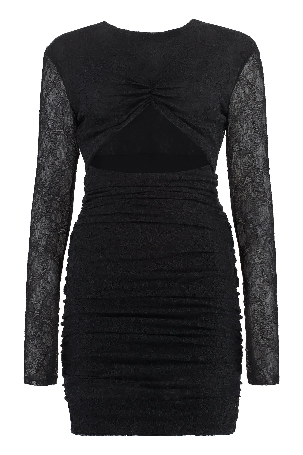 PHILOSOPHY DI LORENZO SERAFINI Stylish Black Lace Mini Dress for Women - Front Cut-Out Detail, Keyhole Button Fastening