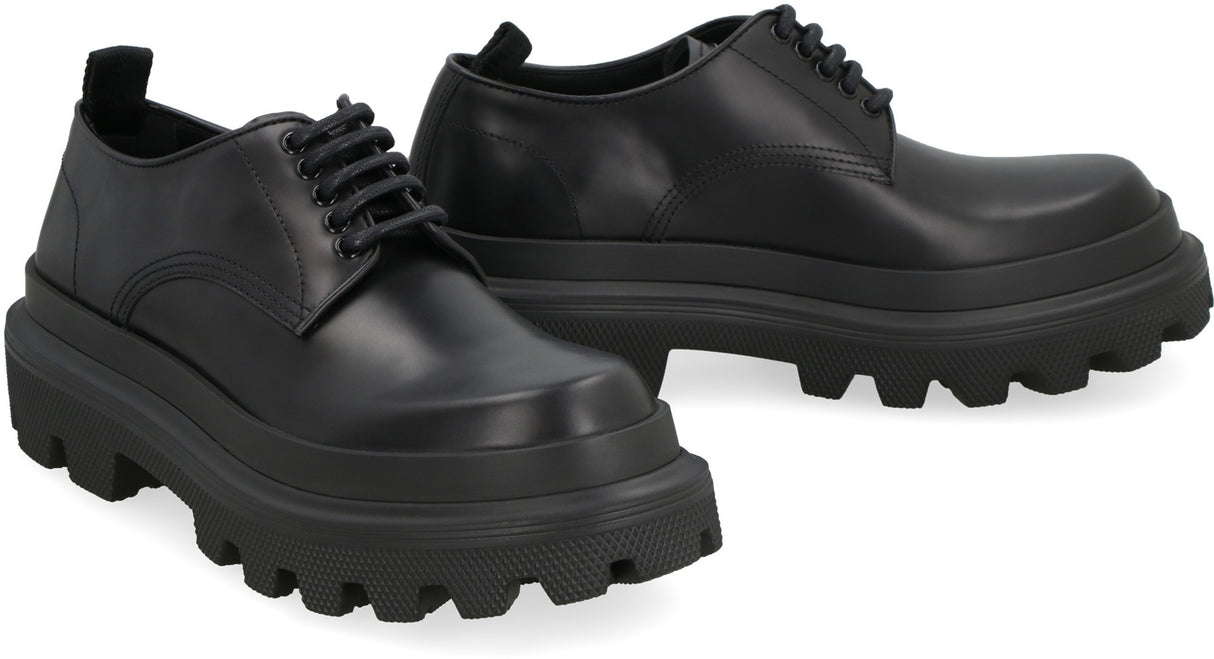 DOLCE & GABBANA Black Brushed Calfskin Derby Dress Shoes with Lace-Up Front for Men