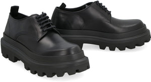 DOLCE & GABBANA Black Brushed Calfskin Derby Dress Shoes with Lace-Up Front for Men