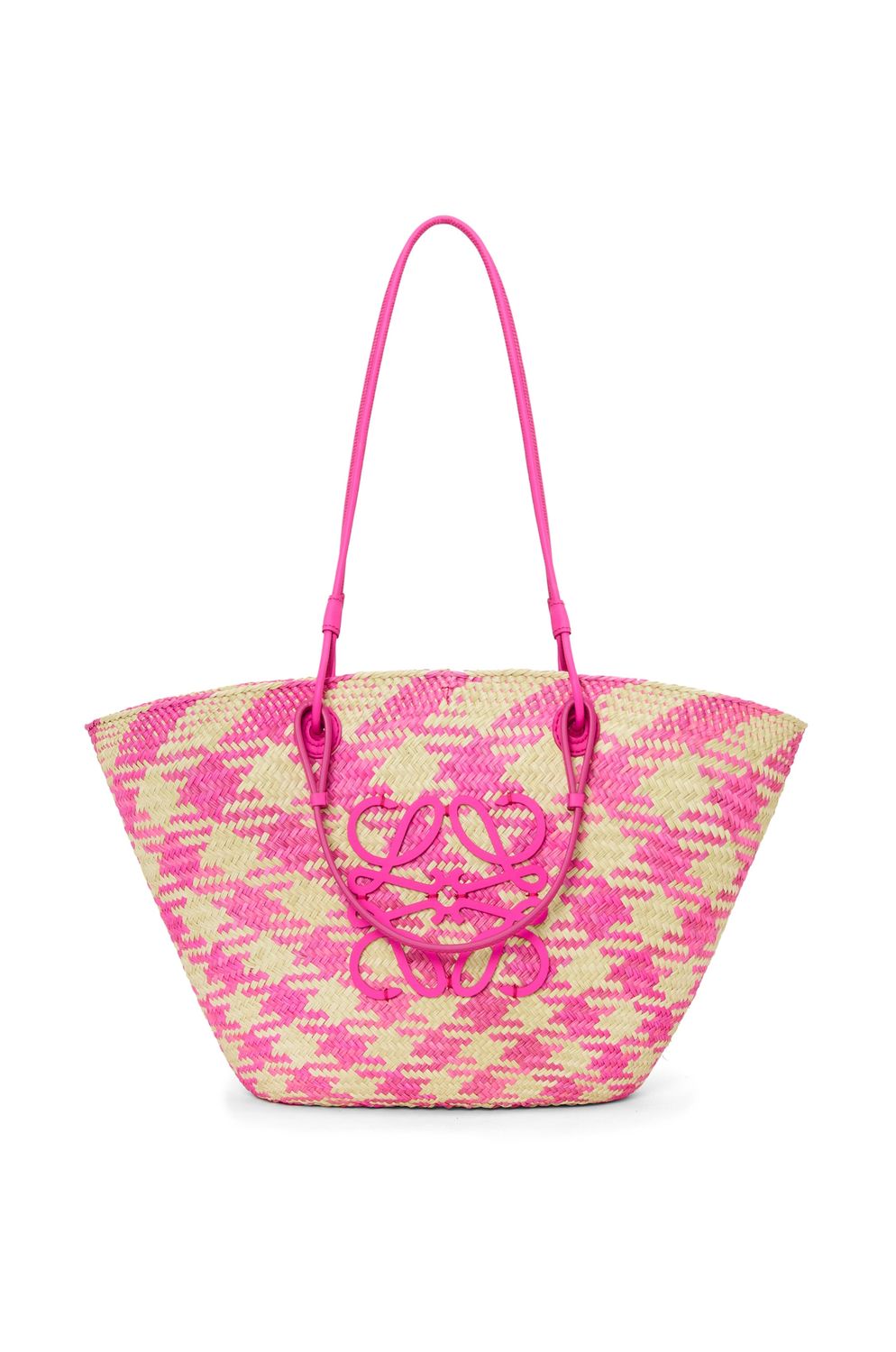 LOEWE Fuchsia Natural Medium Anagram Basket Handbag with Calfskin Detail