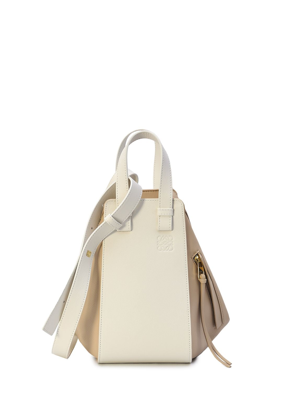 LOEWE Chic White and Beige Mini Hammock Calfskin Handbag with Embossed Detail, Adjustable Strap, and Multiple Pockets - 25x13.5x30 cm