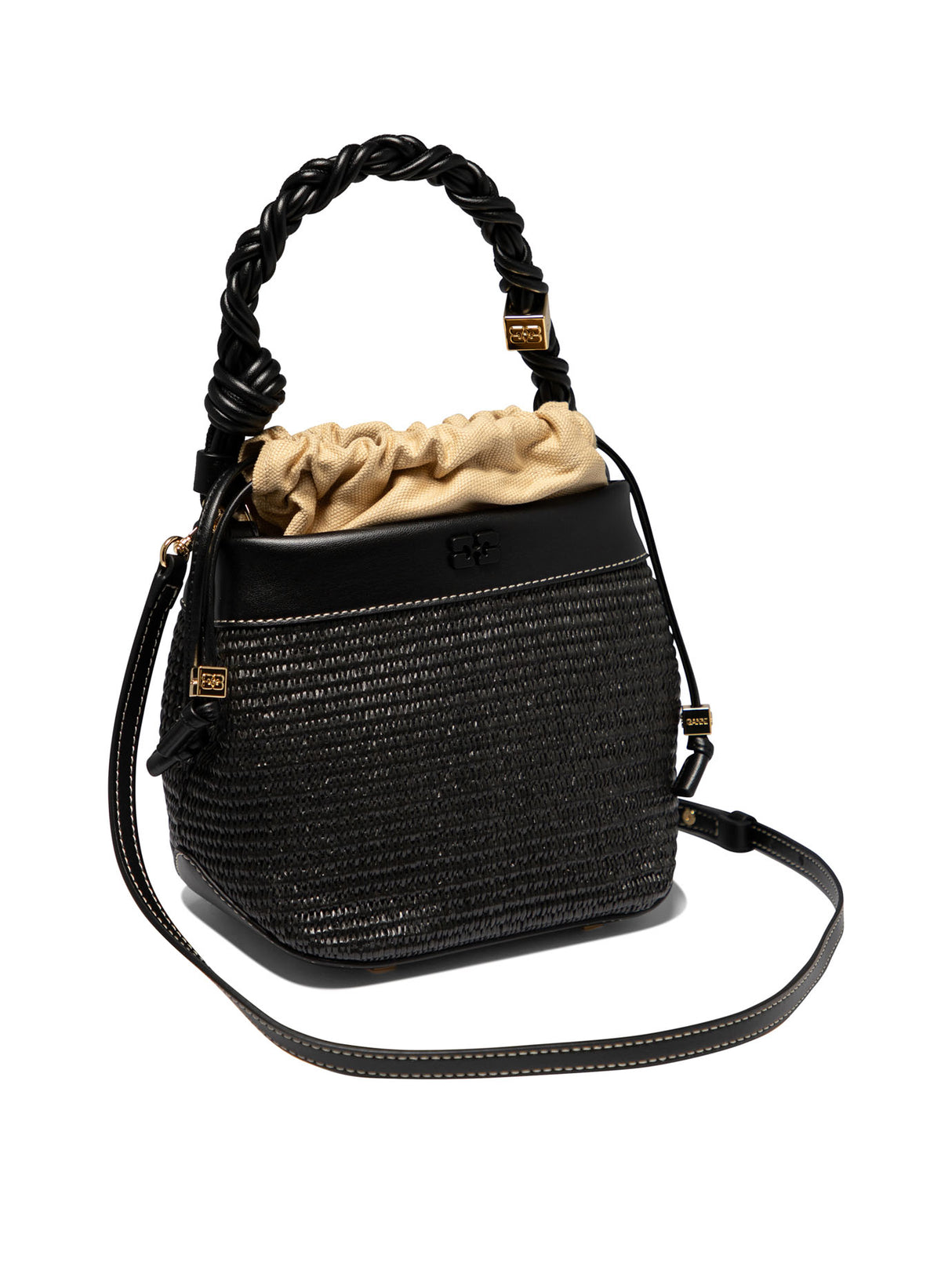 GANNI Stylish Black Bou Raffia Bucket Handbag for Women - FW24