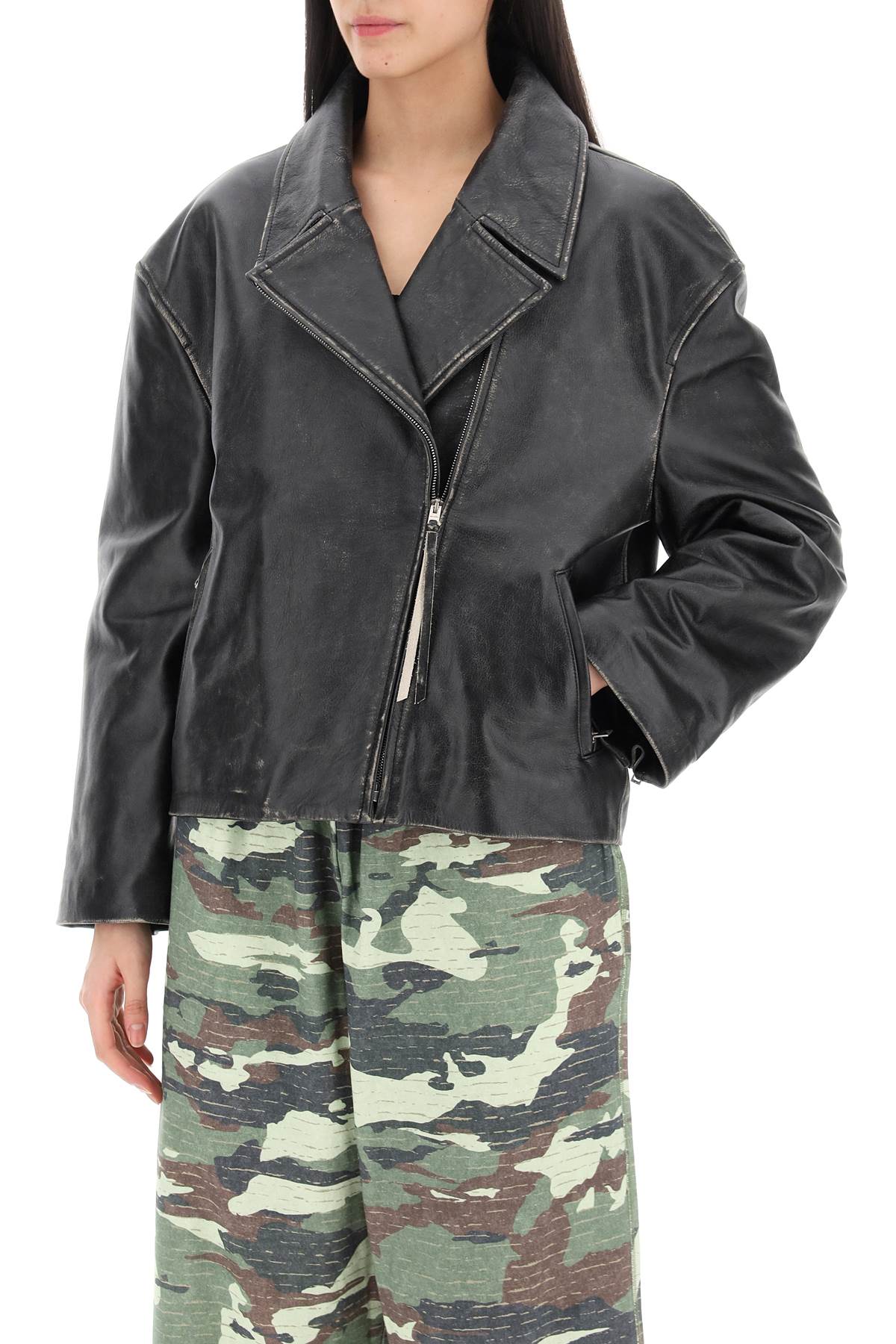 ACNE STUDIOS Distressed Leather Biker Jacket with Mirrored Lapels for Women