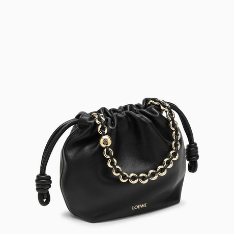 LOEWE Black Lambskin Mini Handbag with Ruched Design and Detachable Golden Chain