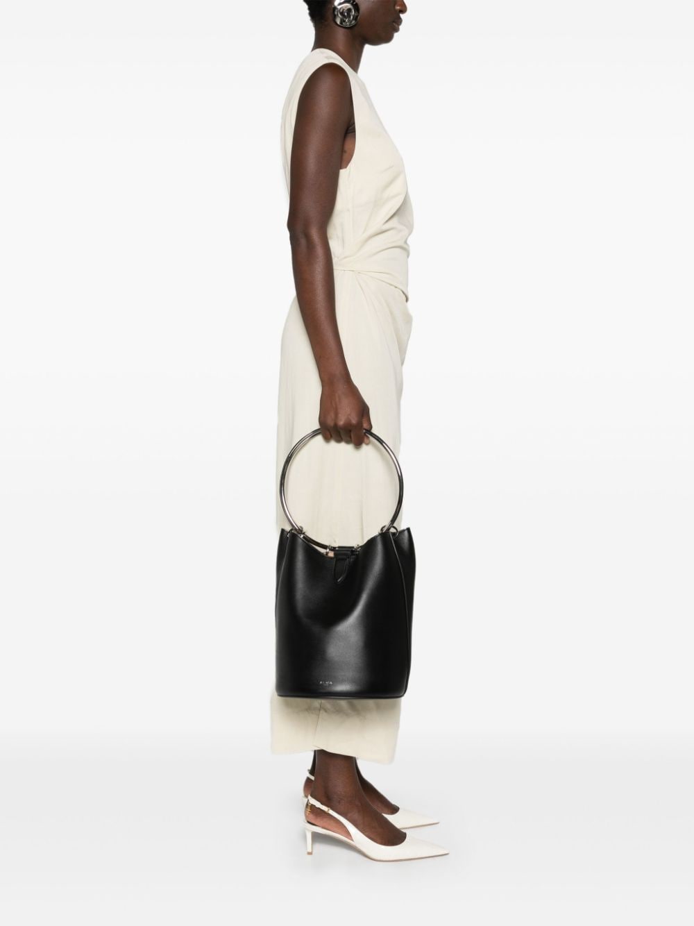 ALAIA Elegant Large Leather Bucket Handbag with Ring Detail