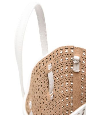 ALAIA White Leather Bucket Handbag with Signature Laser-Cut Motif for Women