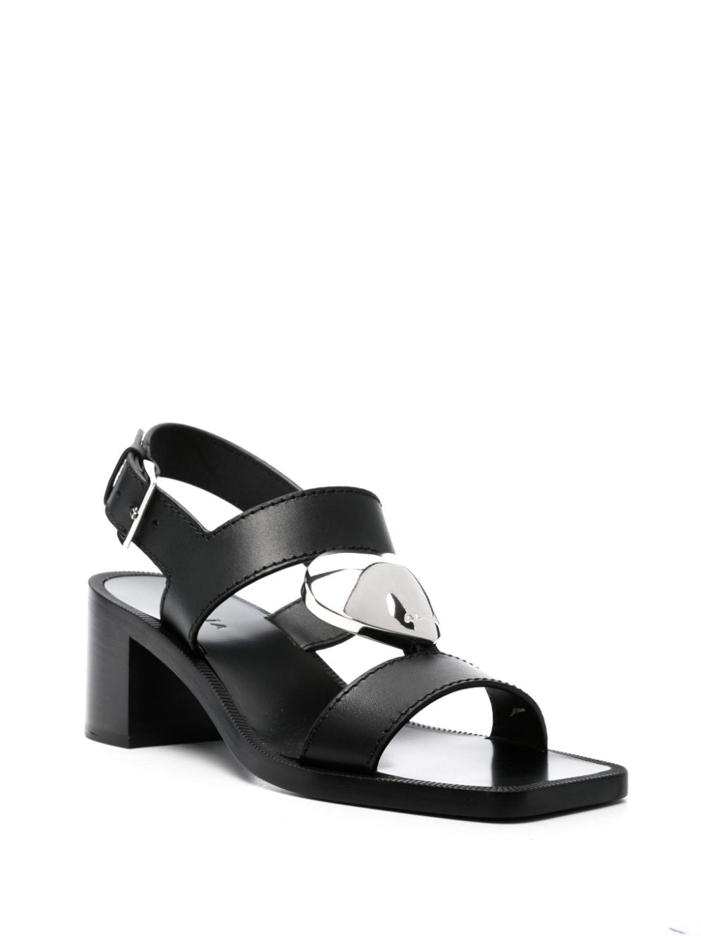 ALAIA Black Leather Sandals with Heart Charm and Block Heel - FW23 Collection