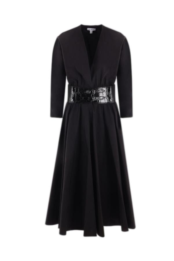 ALAIA Classic Black Poplin Dress with Crocodile Embossed Leather Belt