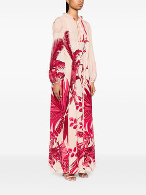 F.R.S FOR RESTLESS SLEEPERS Floral Printed Silk Long Dress with Puff Sleeves and Tie Neck for Women