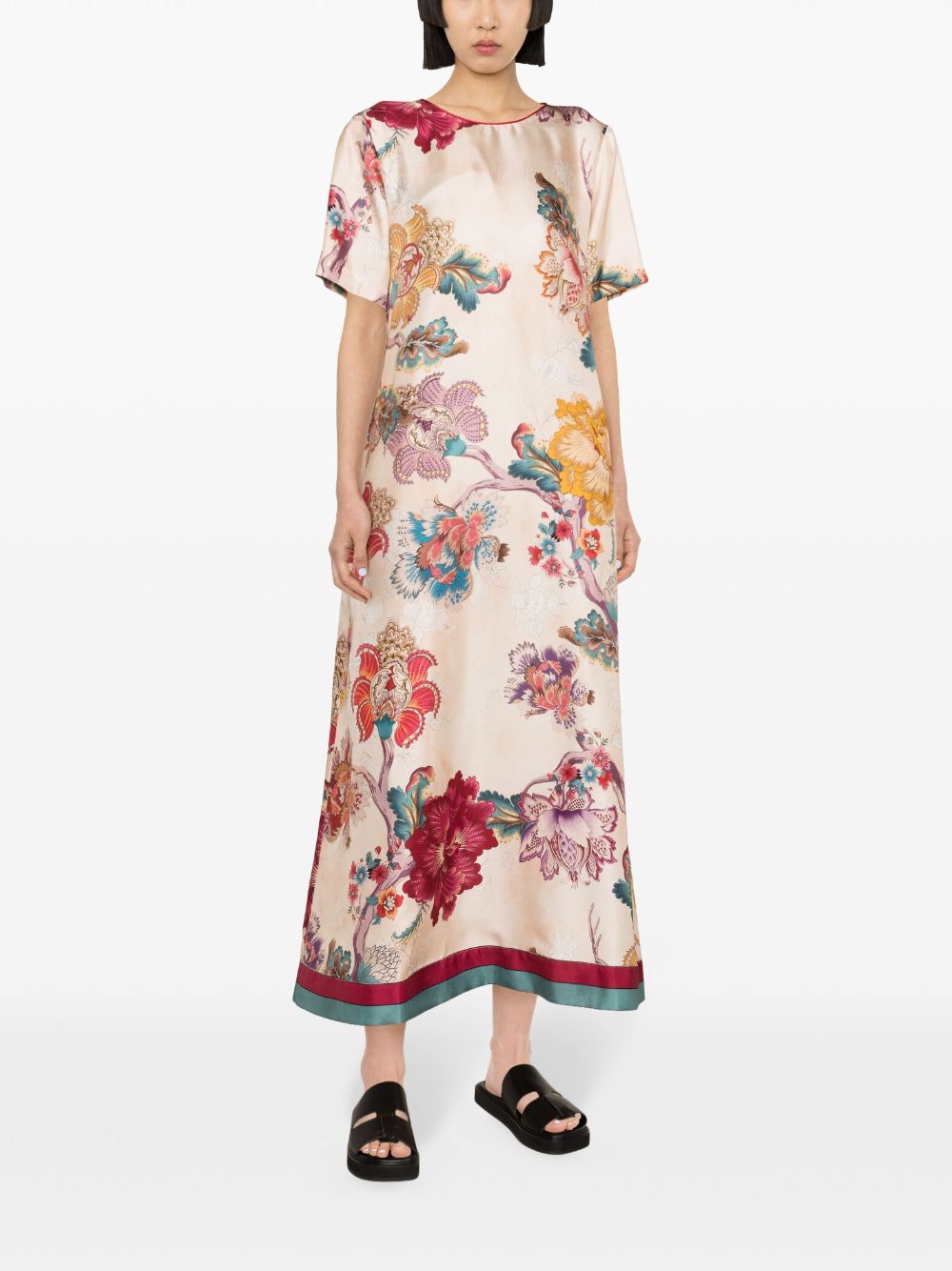 F.R.S FOR RESTLESS SLEEPERS Floral Printed Silk Long Dress in Pink for Women – SS24 Collection