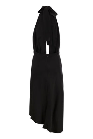 ELISABETTA FRANCHI Satin Crepe Midi Dress with Asymmetric Flared Bottom Skirt