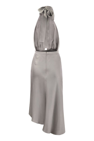 ELISABETTA FRANCHI Satin Crepe Midi Dress with Asymmetric Flared Bottom Skirt