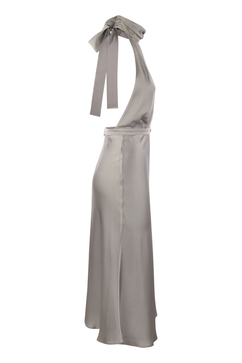 ELISABETTA FRANCHI Satin Crepe Midi Dress with Asymmetric Flared Bottom Skirt