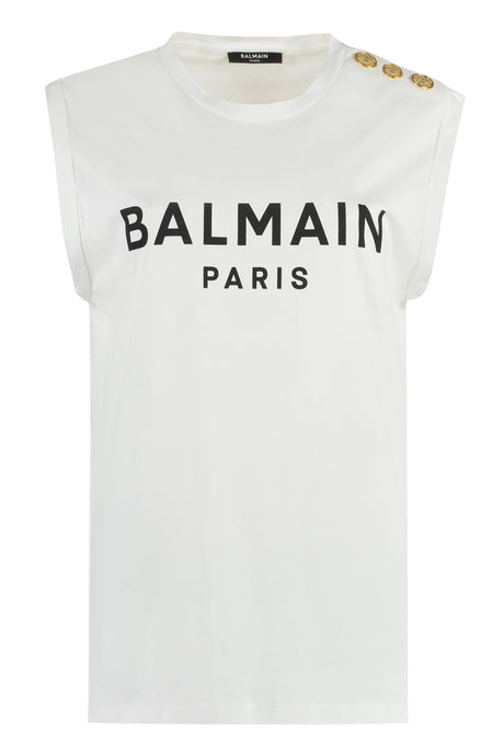 BALMAIN White Cotton Tank Top with Embellished Buttons and Ribbed Neckline for Women