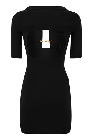 ELISABETTA FRANCHI Black Shiny Minidress with Twin Buttons and Cut-Out Motif