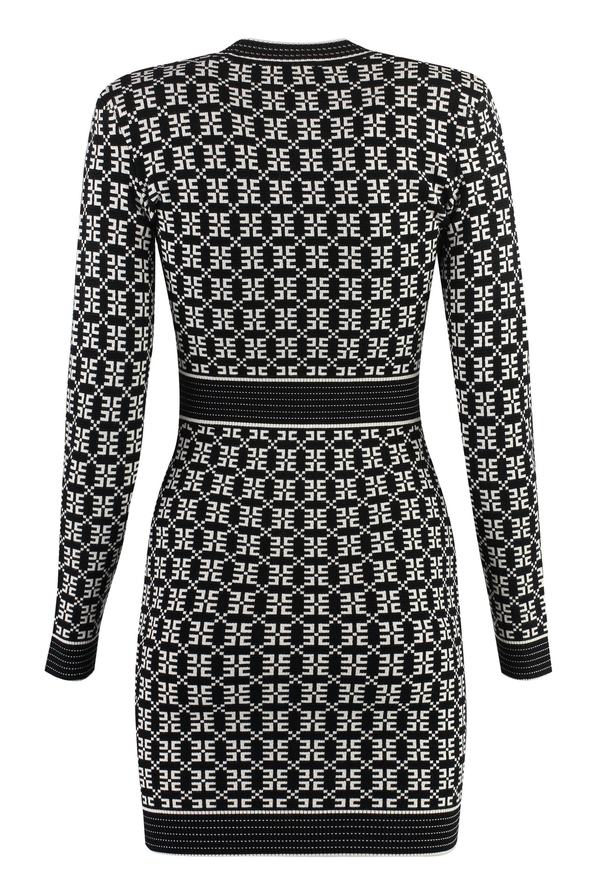 ELISABETTA FRANCHI Diamond Logo Mini-Dress in Jacquard Pique with Structured Shoulders and Gold Buttons