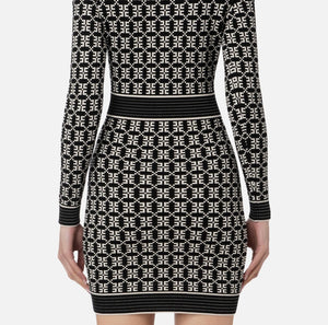 ELISABETTA FRANCHI Diamond Logo Mini-Dress in Jacquard Pique with Structured Shoulders and Gold Buttons