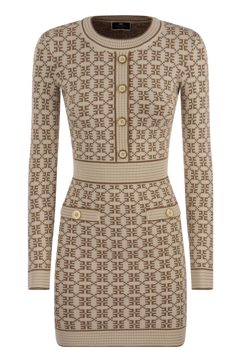 ELISABETTA FRANCHI Diamond Logo Mini-Dress in Jacquard Pique with Structured Shoulders and Gold Buttons