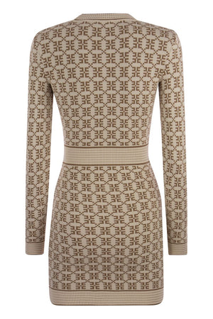 ELISABETTA FRANCHI Diamond Logo Mini-Dress in Jacquard Pique with Structured Shoulders and Gold Buttons