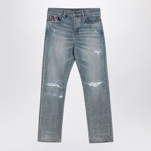 AMIRI Antique Indigo Straight Ripped Jeans with Bandana Pocket Detail