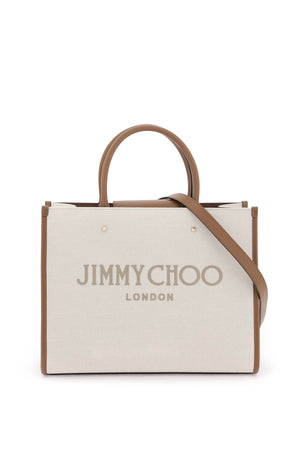 JIMMY CHOO Studded Recycled Canvas Tote Handbag with Leather Trim and Embroidered Logo