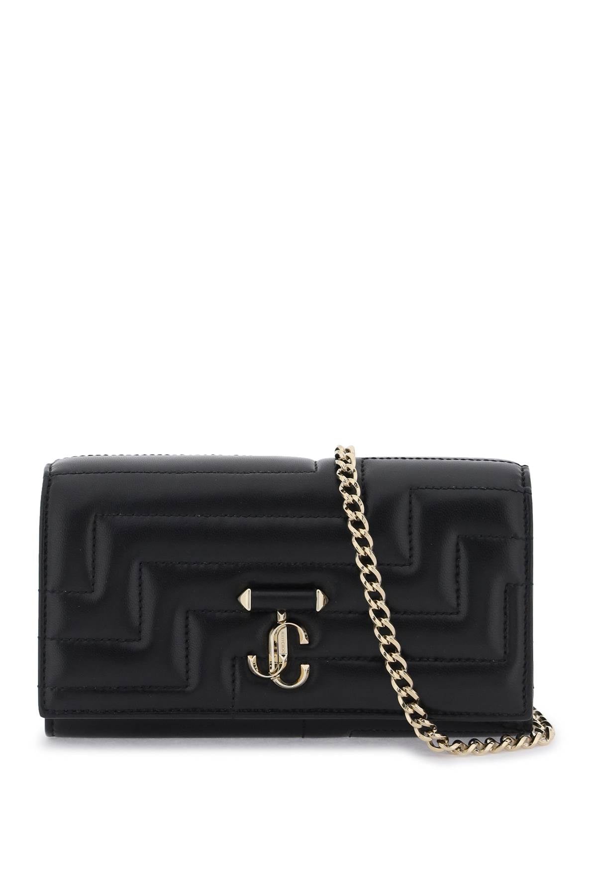 JIMMY CHOO Mini Quilted Nappa Leather Crossbody Bag with Gold Monogram and Chain Strap - Black