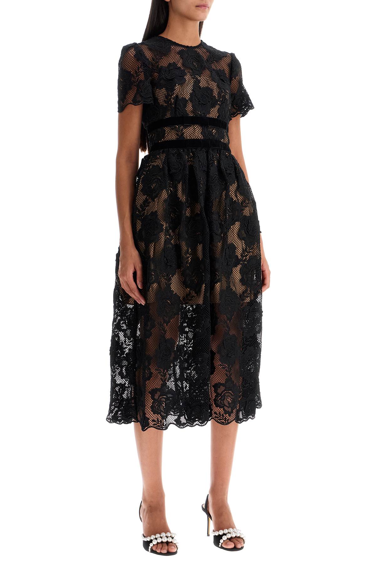 SELF-PORTRAIT Chic Midi Lace Dress with Velvet Bows