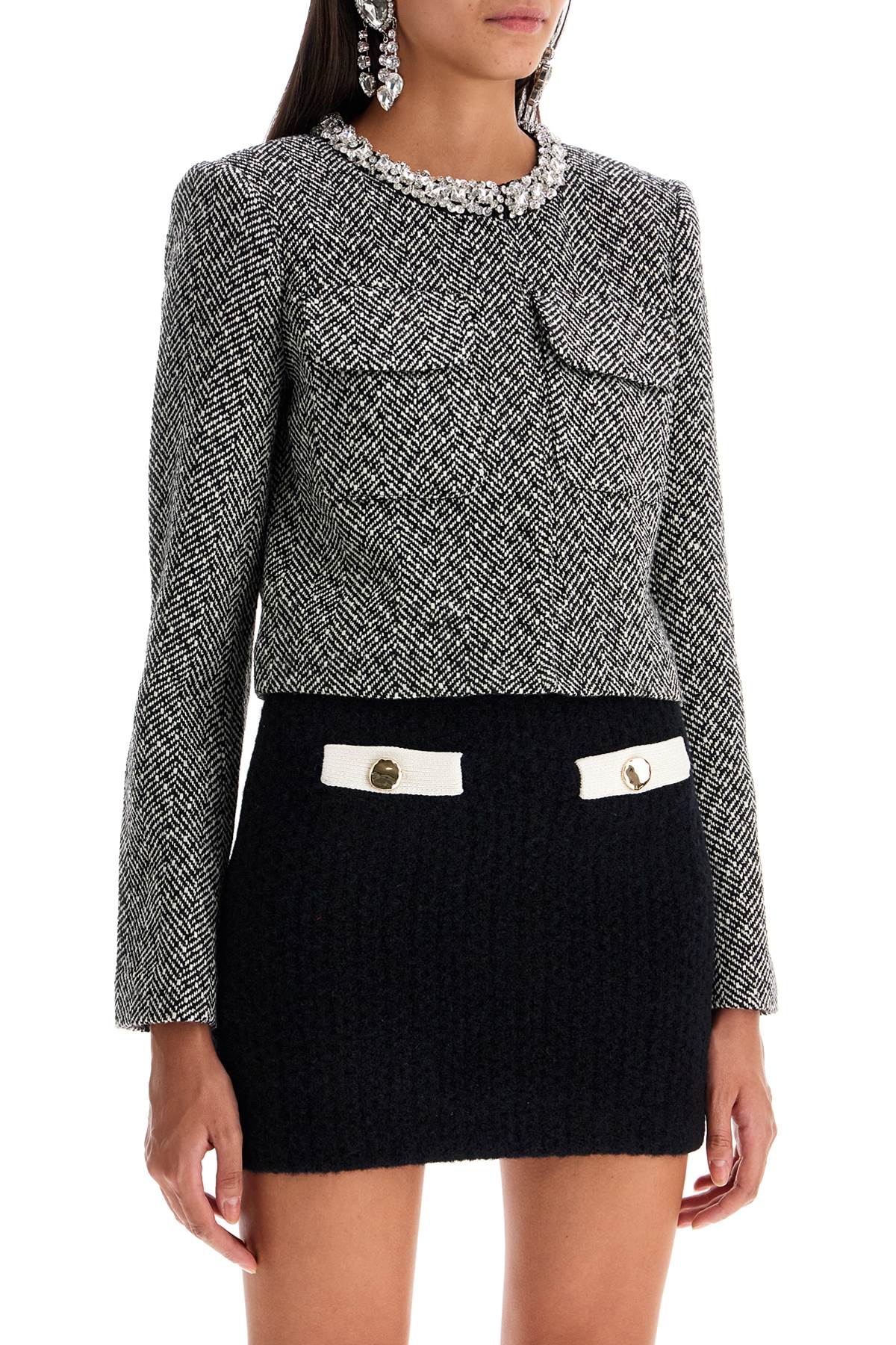 SELF-PORTRAIT Mini Speckled Houndstooth Jacket with Crystal Trim