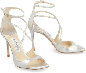 JIMMY CHOO Champagne-Coloured Strappy Sandals for Women - Squared Open Toe, Slim Heel, Adjustable Ankle Strap