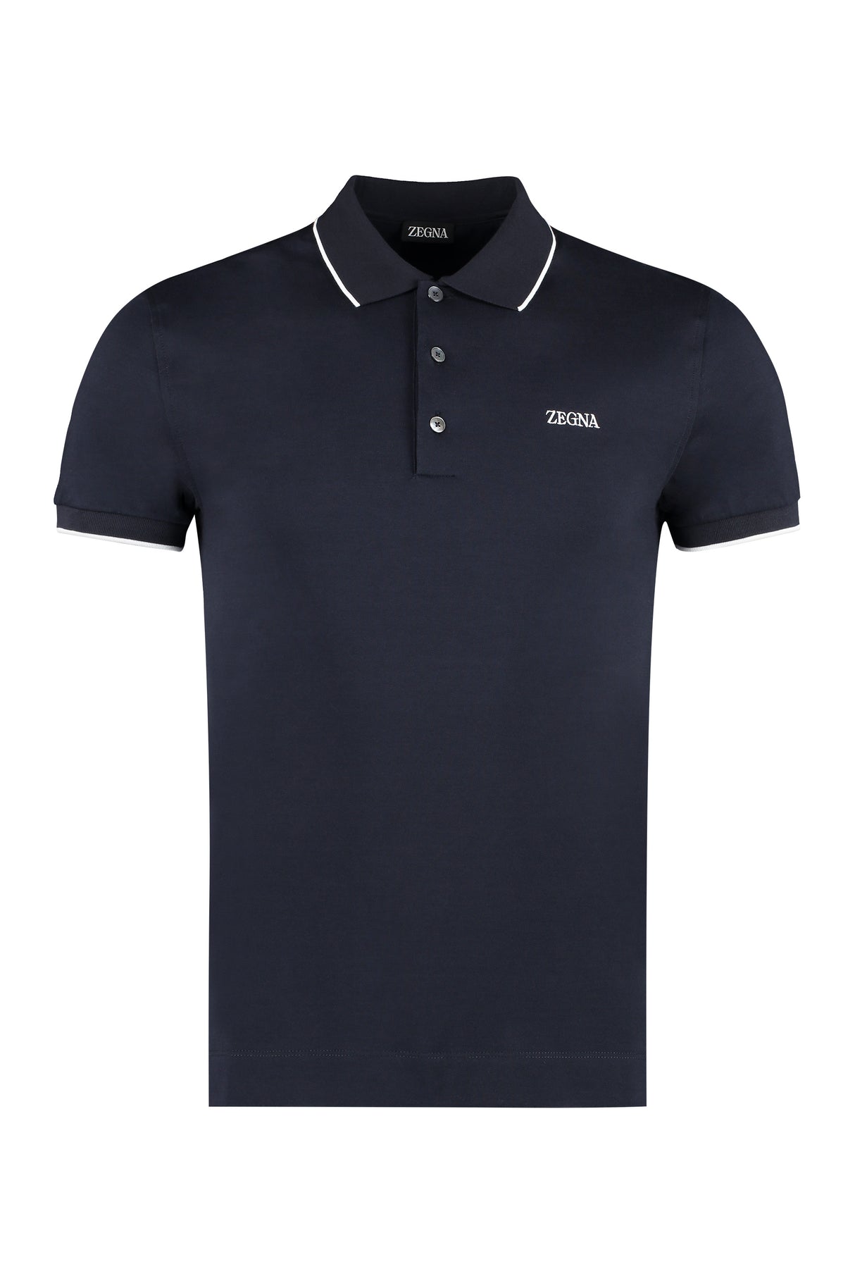 ZEGNA Blue Men's Cotton-Piqué Polo Shirt with Ribbed Collar and Sleeves