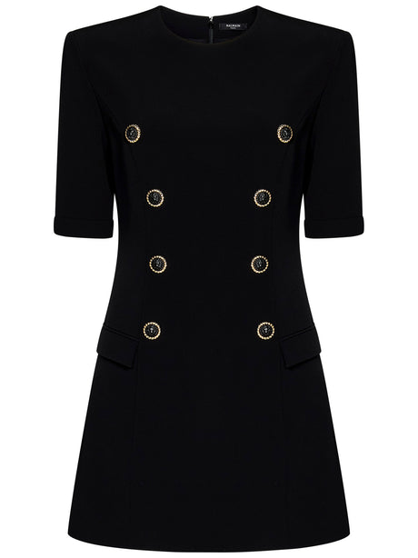 BALMAIN Elegant Mini Dress with Gold Buttons and Padded Shoulders