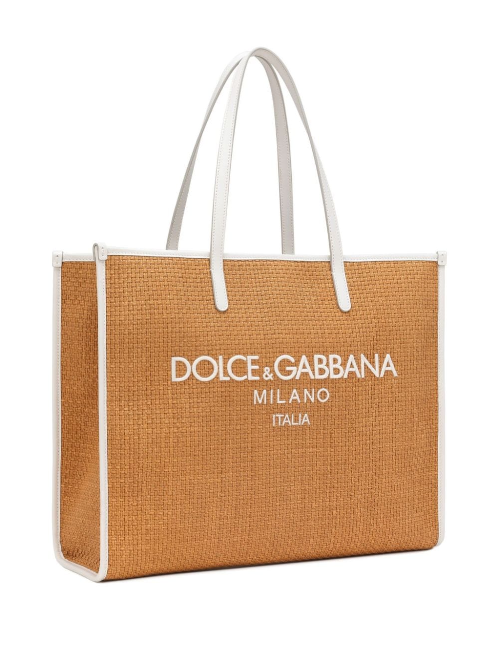 DOLCE & GABBANA Luxurious Woven Tote Handbag with Leather Trim in Rich Caramel Brown and Milk White