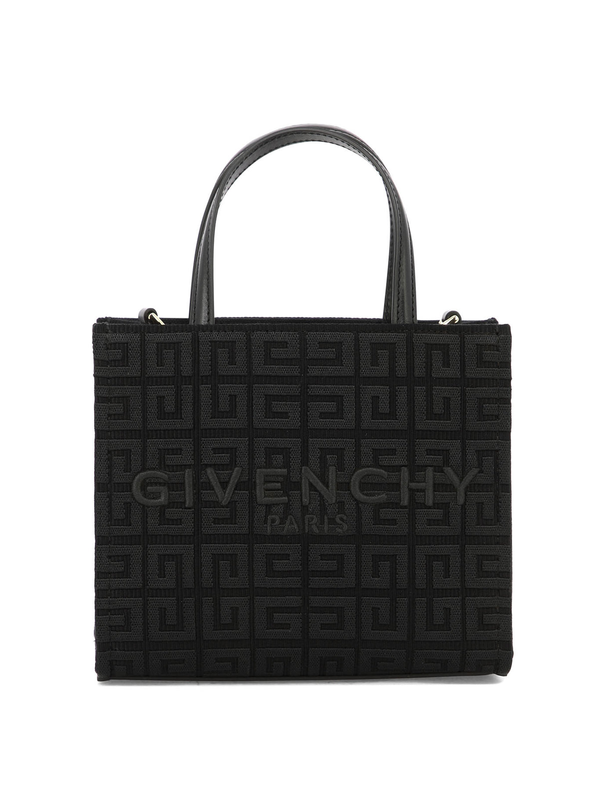 GIVENCHY Mini G-Tote Embroidered Canvas Handbag with Leather Details and Gold Accents - Black