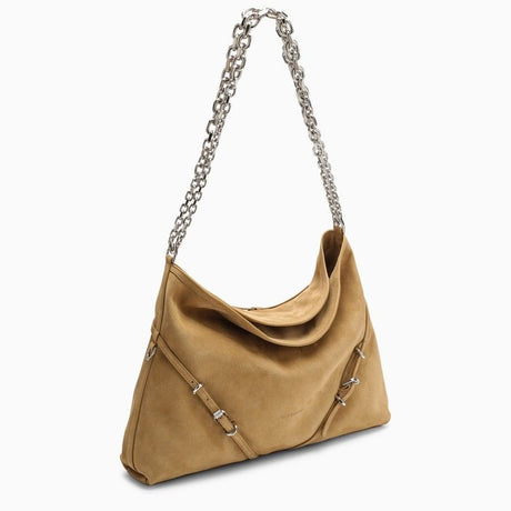 GIVENCHY Tan Suede Medium Voyou Shoulder Bag with Silver Chain Detail