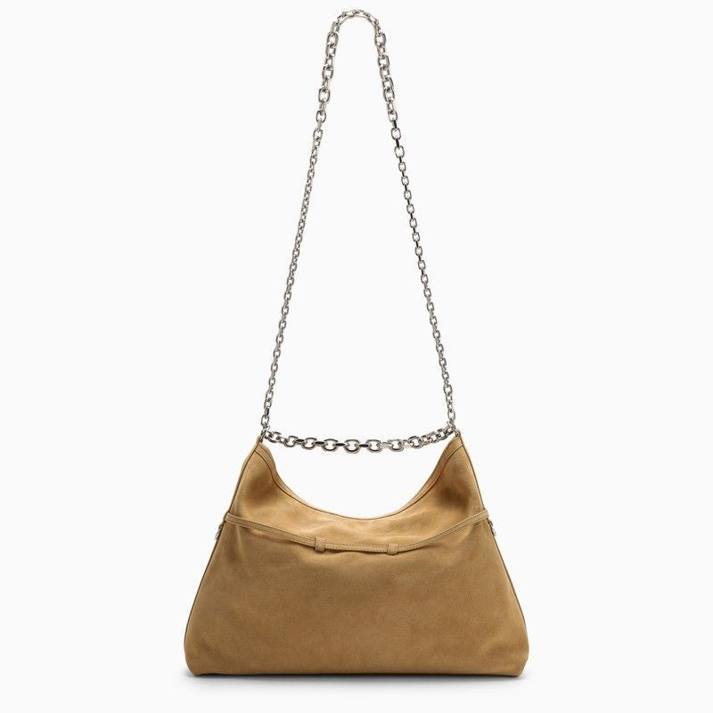 GIVENCHY Tan Suede Medium Voyou Shoulder Bag with Silver Chain Detail