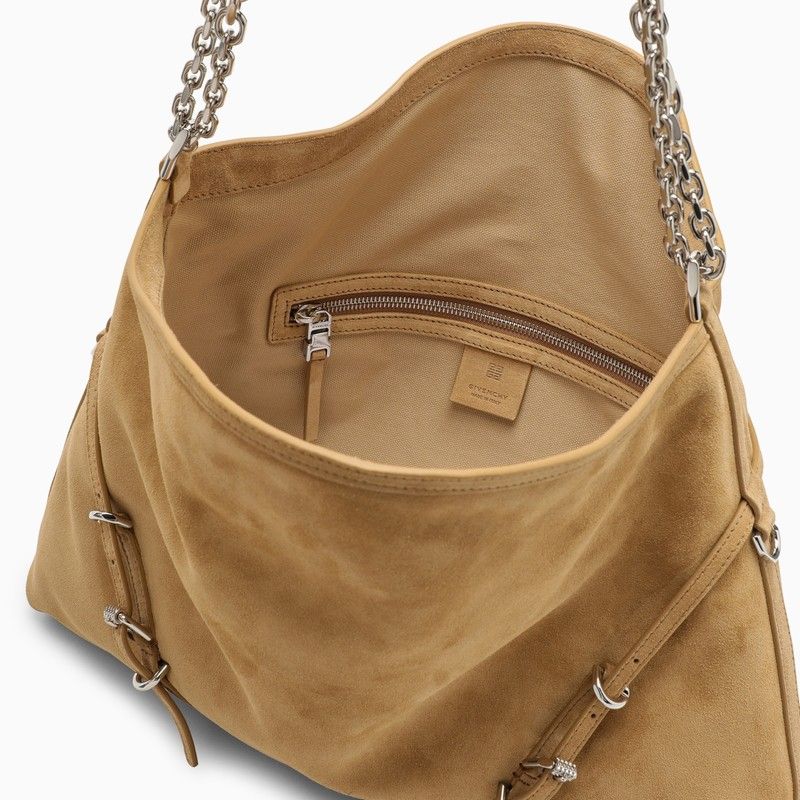 GIVENCHY Tan Suede Medium Voyou Shoulder Bag with Silver Chain Detail