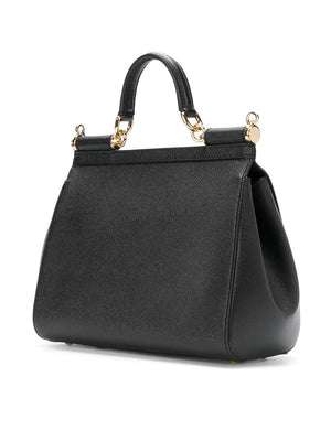 DOLCE & GABBANA Black Dauphine Calfskin Medium Sicily Handbag with Metallic Detail, 21x26x12cm
