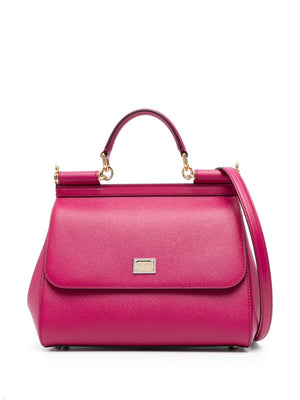 DOLCE & GABBANA Fuchsia Pink Large Sicily Leather Tote with Gold-Tone Accents and Detachable Strap