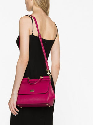 DOLCE & GABBANA Fuchsia Pink Large Sicily Leather Tote with Gold-Tone Accents and Detachable Strap