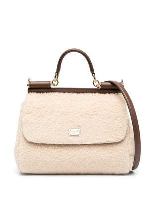 DOLCE & GABBANA Ivory White Faux-Shearling & Leather Tote with Gold-Tone Accents and Detachable Chain-Link Strap for Women