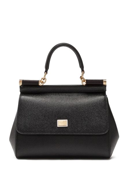 DOLCE & GABBANA Mini Sicily Black Grained Leather Handbag with Leopard Print Lining, 16x20x10 cm