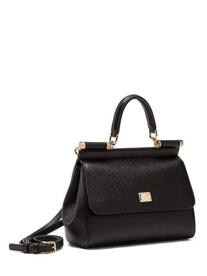 DOLCE & GABBANA Mini Sicily Black Grained Leather Handbag with Leopard Print Lining, 16x20x10 cm